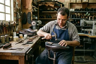 Profissional substituindo o solado de um sapato, com equipamentos de conserto de calçados.