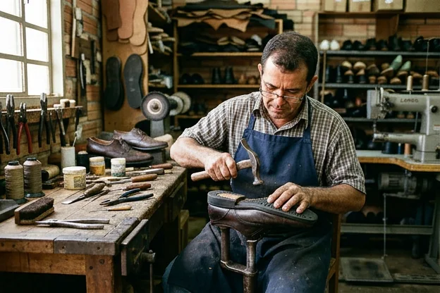 Profissional substituindo o solado de um sapato, com equipamentos de conserto de calçados.