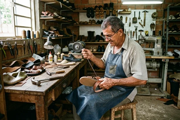 Técnico reparando sandália, com foco nas ferramentas e no processo de conserto.