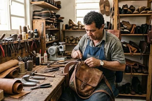 Técnico realizando reforma em bolsa de couro, focando na qualidade do trabalho.