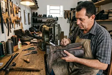 Técnico realizando reparo em zíper de bota, com ênfase nos detalhes do conserto.