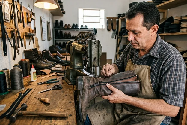 Técnico realizando reparo em zíper de bota, com ênfase nos detalhes do conserto.