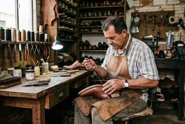 Sapateiro reformando sapato social, com foco nas técnicas de revitalização.
