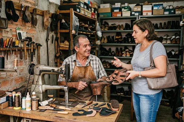 Cliente consultando sapateiro sobre reparo de calçados, mostrando atenção ao serviço.
